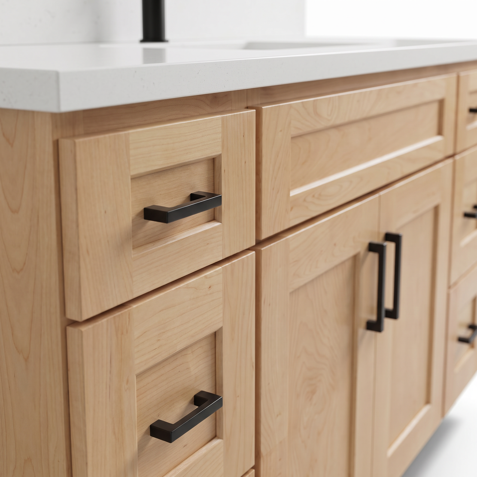 Natural maple shaker door and drawer detail with matte black bar pull