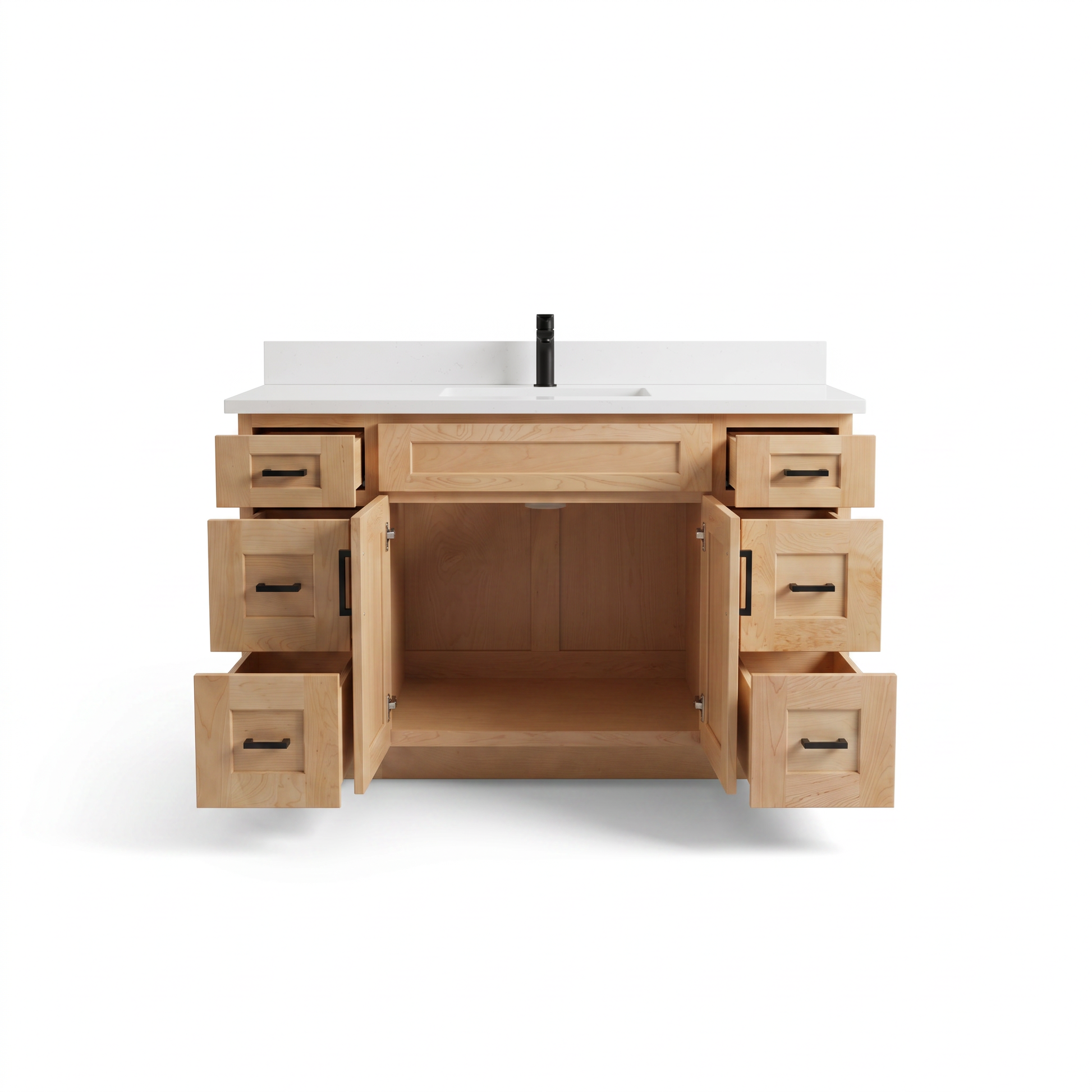 48 inch maple vanity with open doors and drawers showing solid wood construction