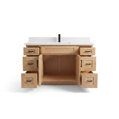 48 inch maple vanity with open doors and drawers showing solid wood construction