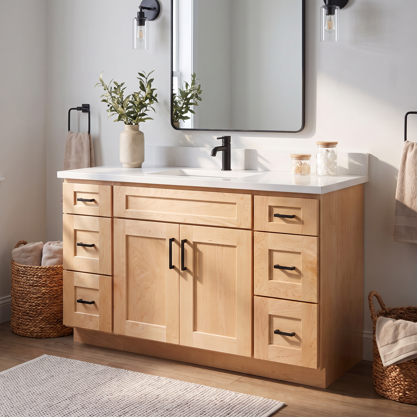 48 inch maple vanity in modern bathroom interior