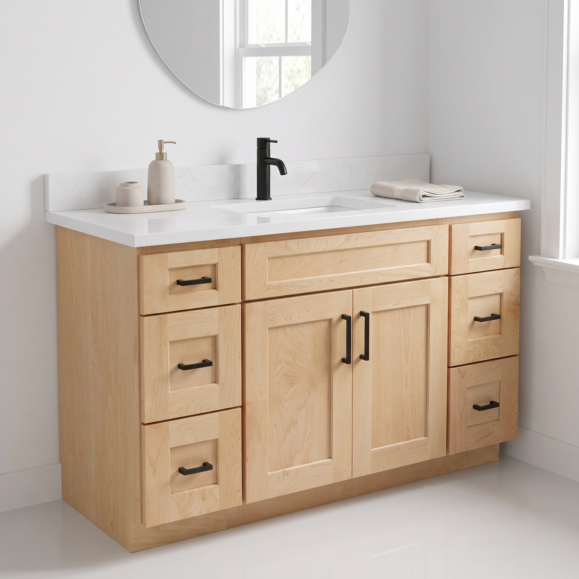Maple bathroom vanity in bright bathroom