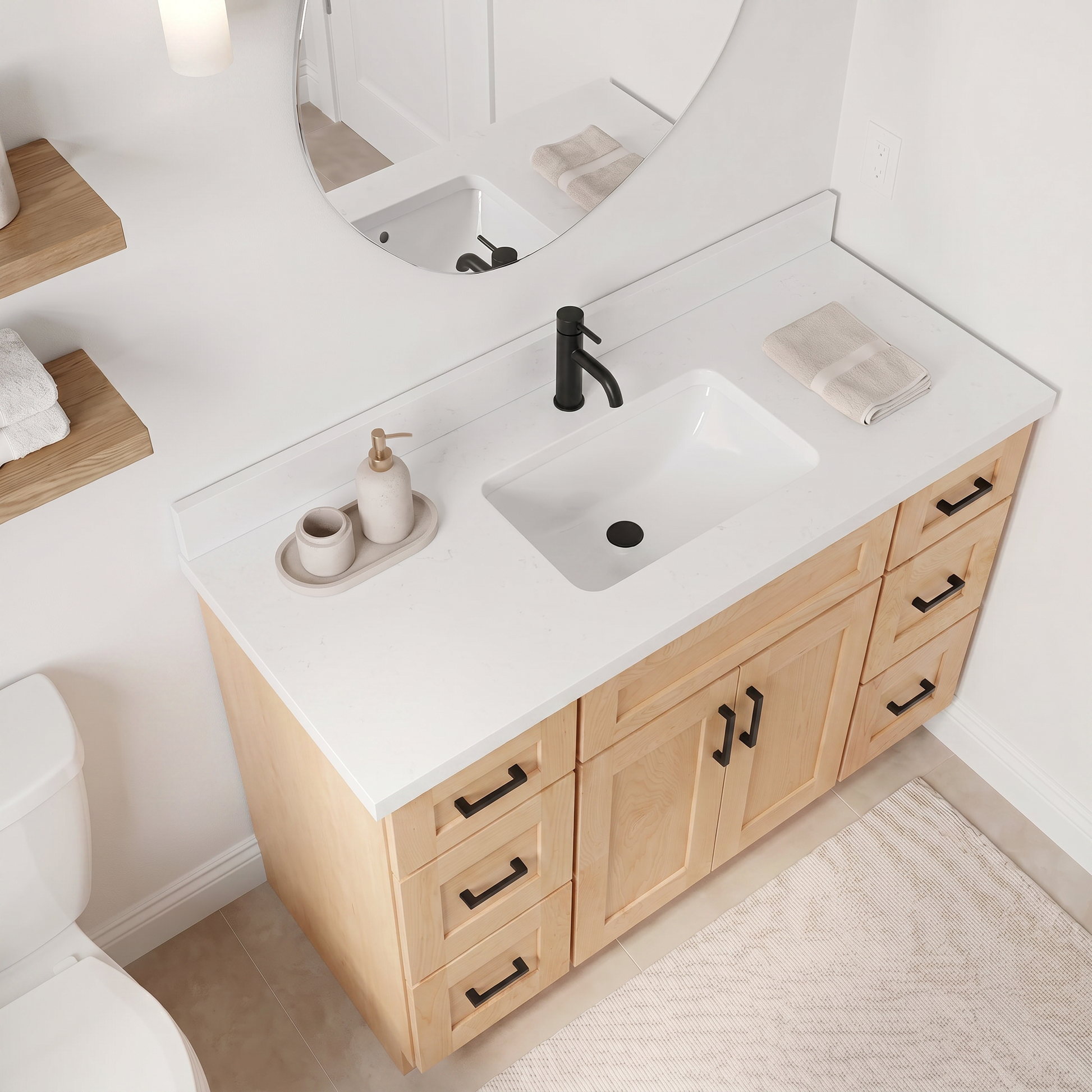 Maple vanity quartz countertop top view