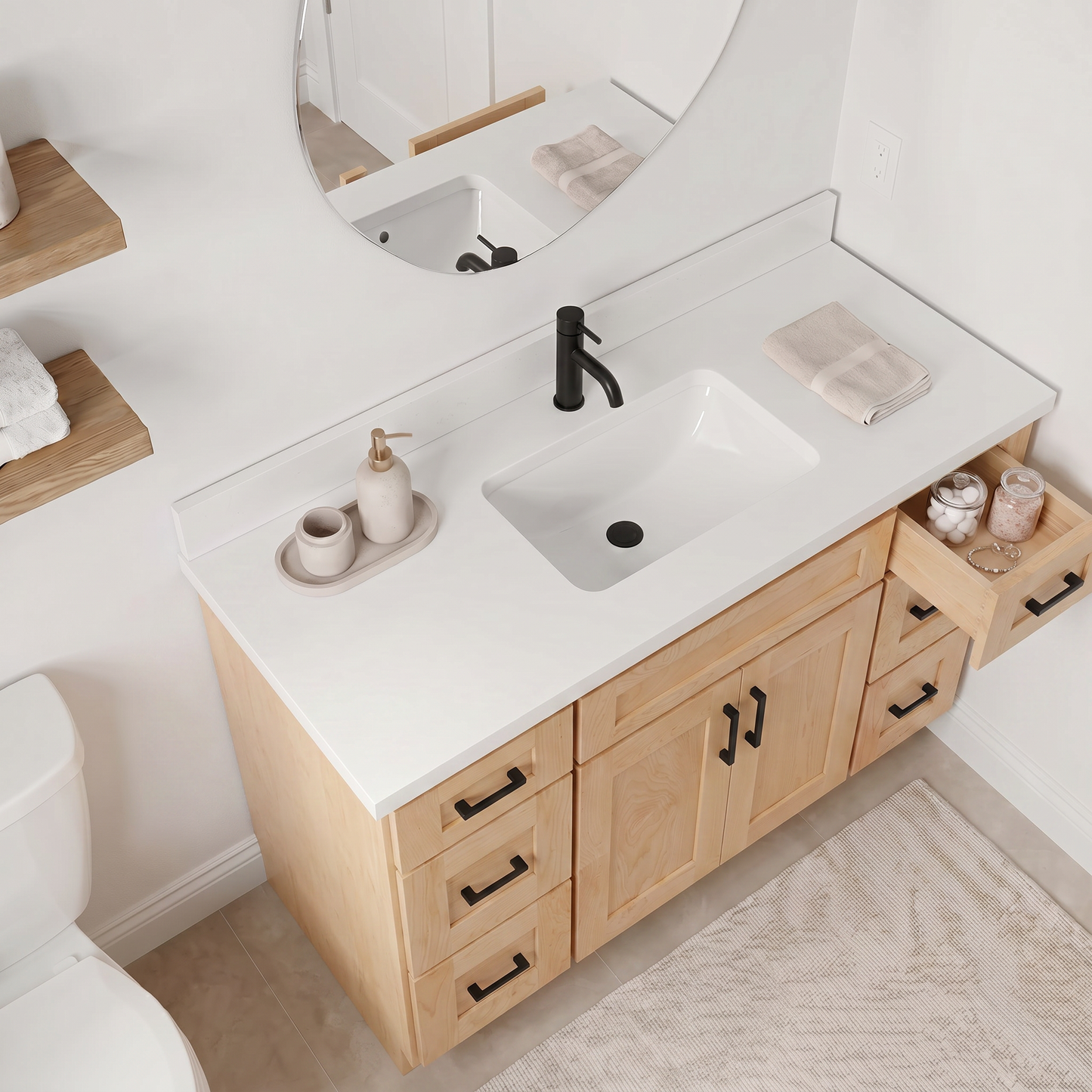 Maple vanity top view with open drawer