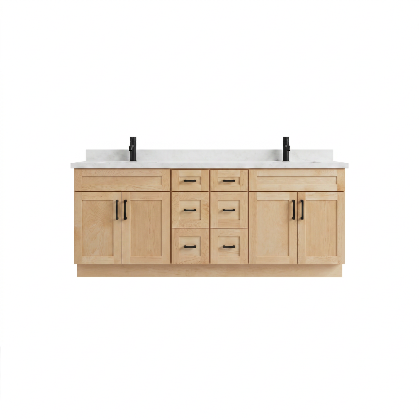 84 inch maple shaker double sink bathroom vanity with white quartz top and black hardware