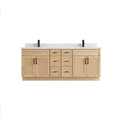 84 inch maple shaker double sink bathroom vanity with white quartz top and black hardware