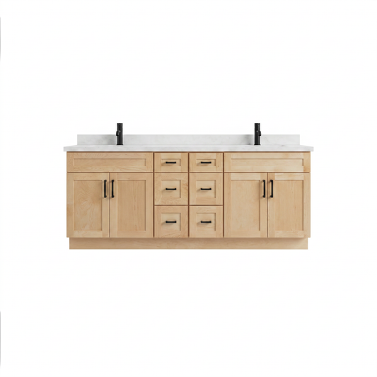84 inch maple shaker double sink bathroom vanity with white quartz top and black hardware