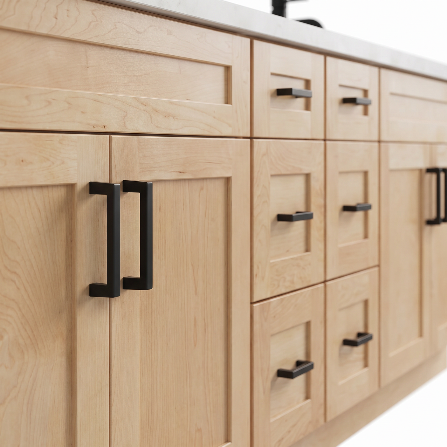 Natural maple shaker fronts detail with matte black bar pulls