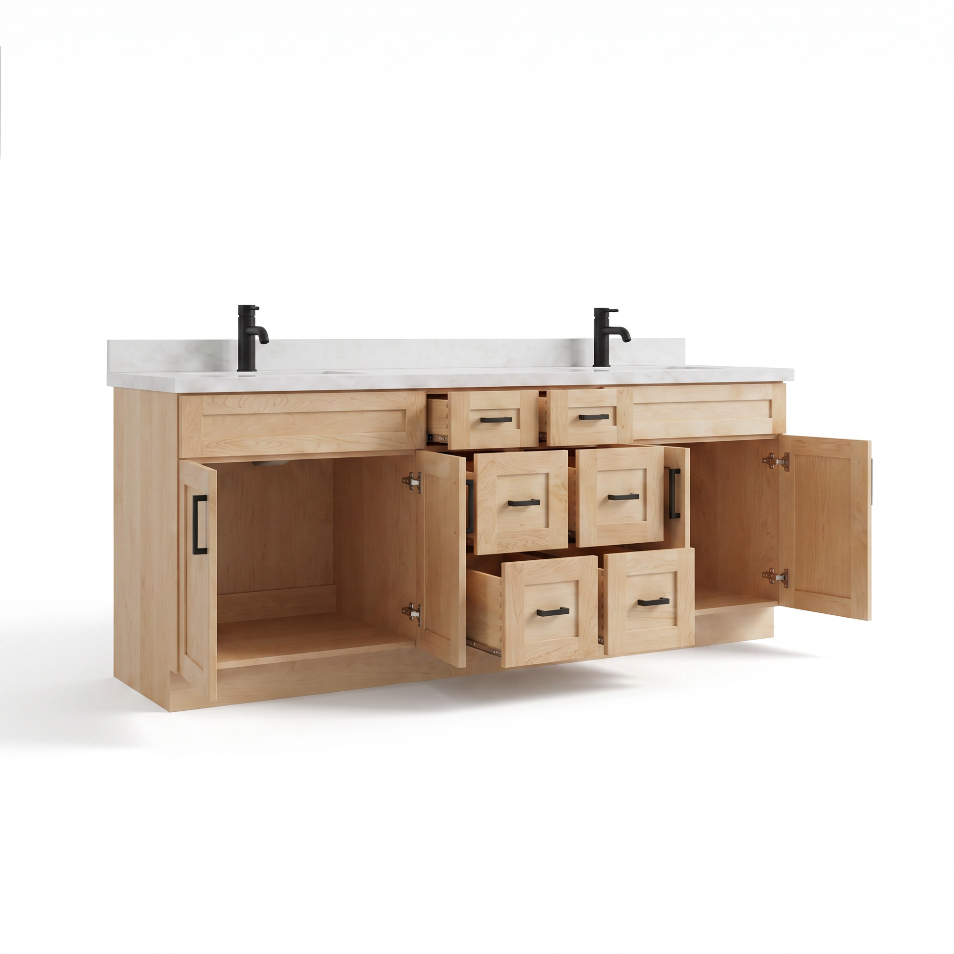 84 inch maple vanity with open doors and drawers showing solid wood construction