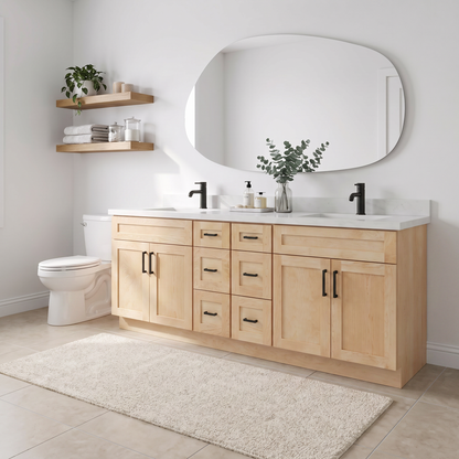 84 inch maple double vanity in modern bathroom