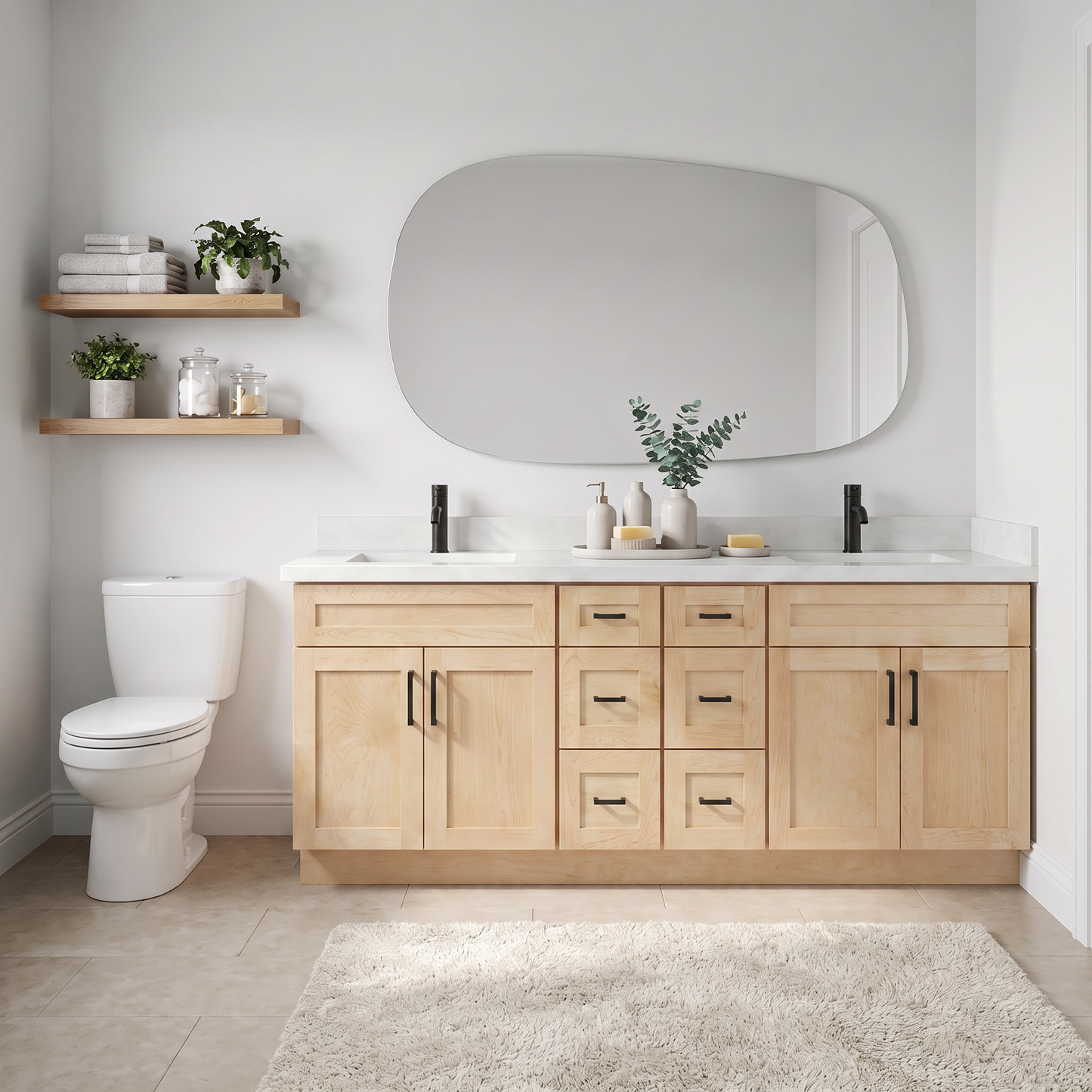 Maple double sink vanity styled bathroom interior