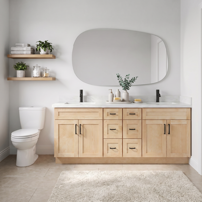 Maple double sink vanity styled bathroom interior
