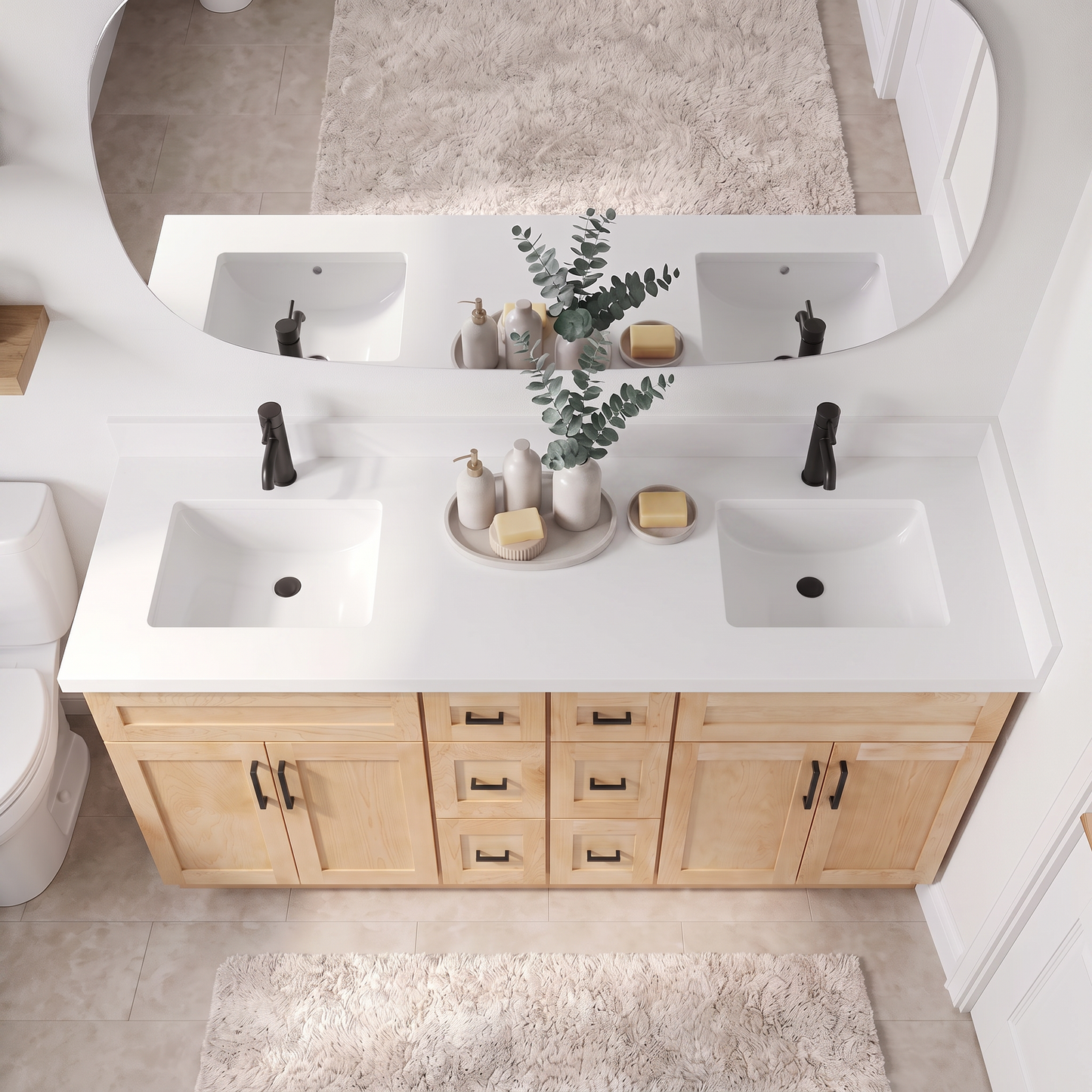 84 inch maple double vanity pure white quartz top view