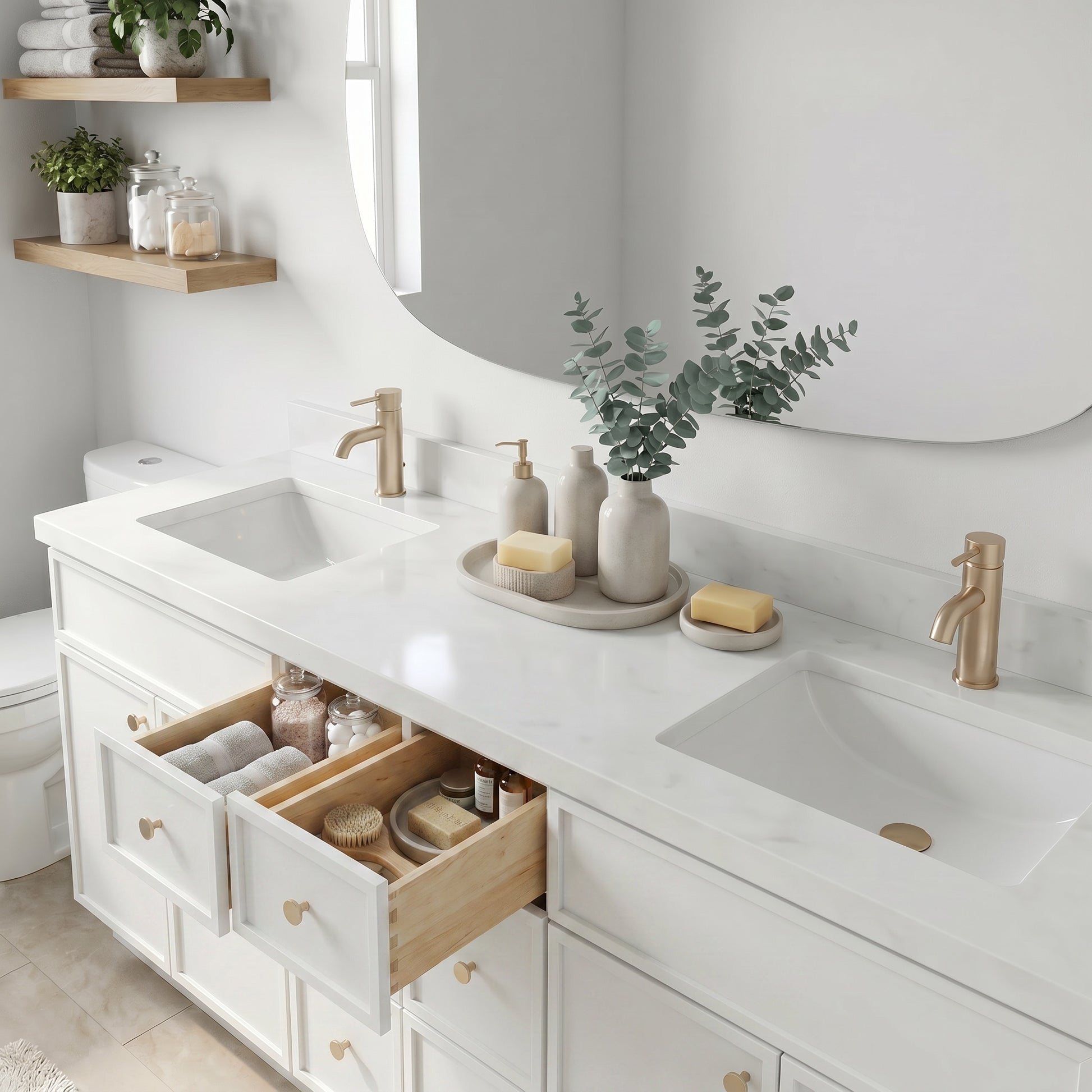 84" Slim Shaker Vanity — White, 6 Drawers