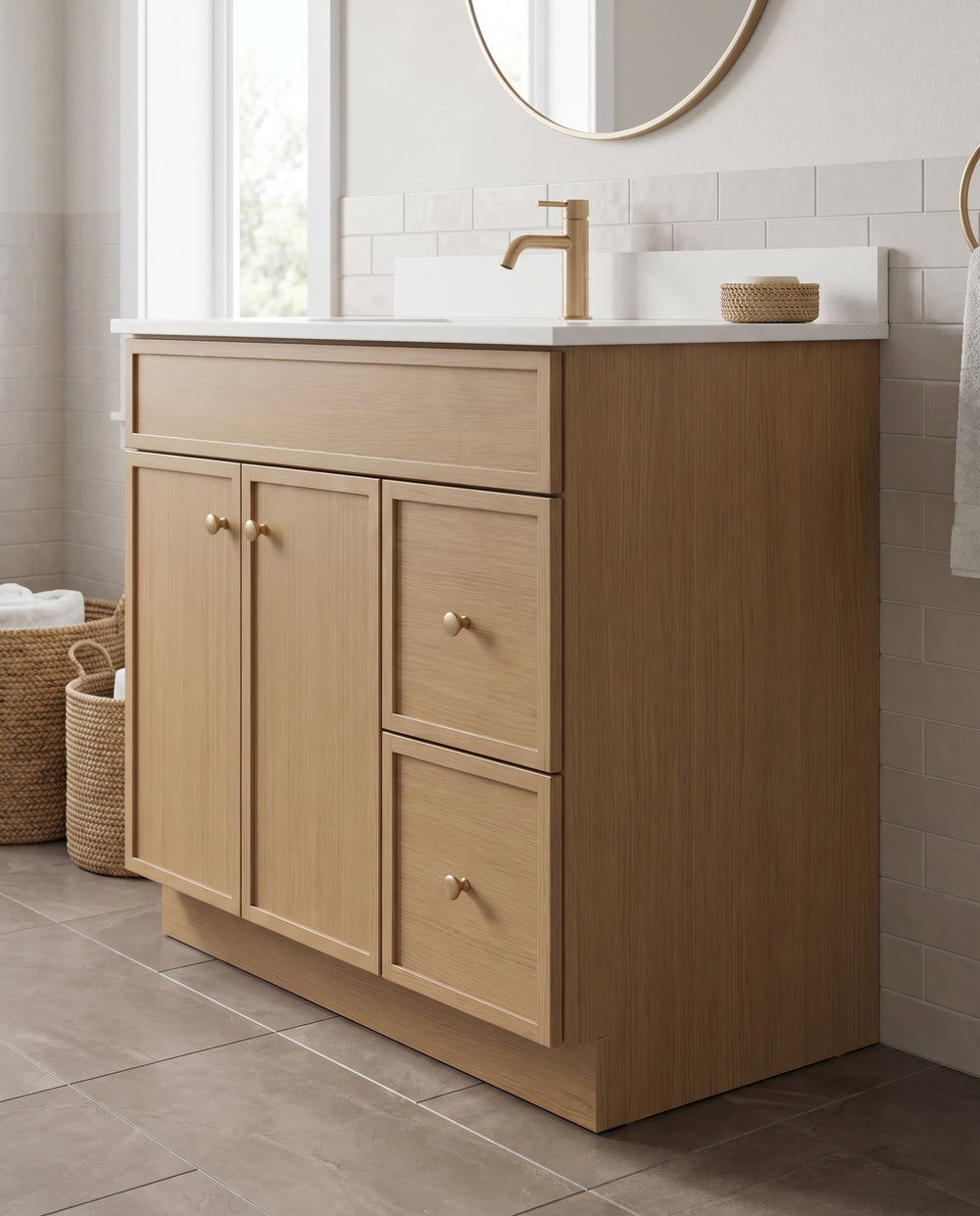 Where it goes — Side Panel 24" × 34.5" on an Oakline White Oak vanity