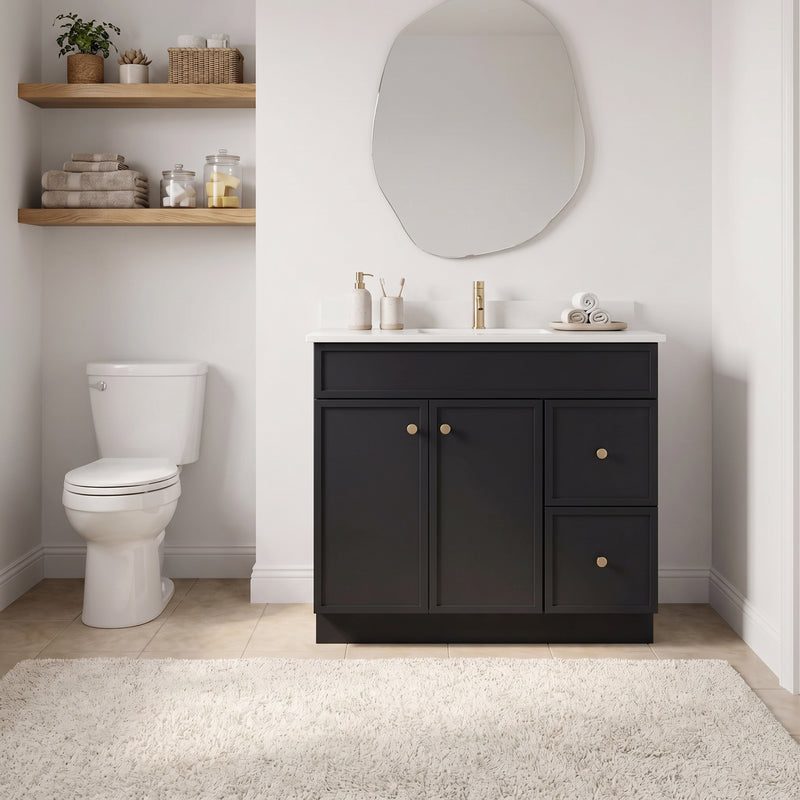 36" Black Slim Shaker Vanity with Pure White Quartz Top