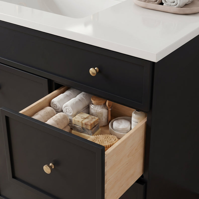 36" Black Slim Shaker Vanity with Pure White Quartz Top
