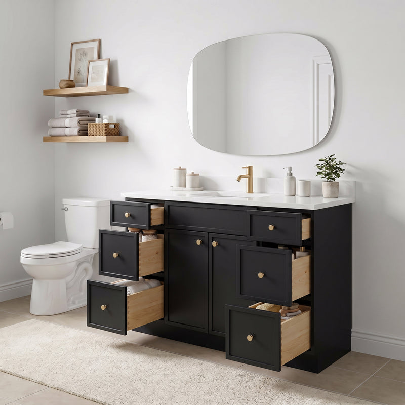 48" Black Slim Shaker Vanity with Pure White Quartz Top