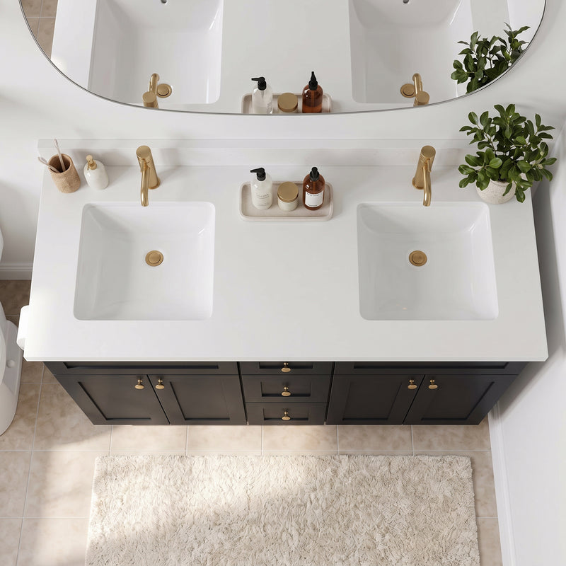 60" Black Slim Shaker Double Vanity with Pure White Quartz Top