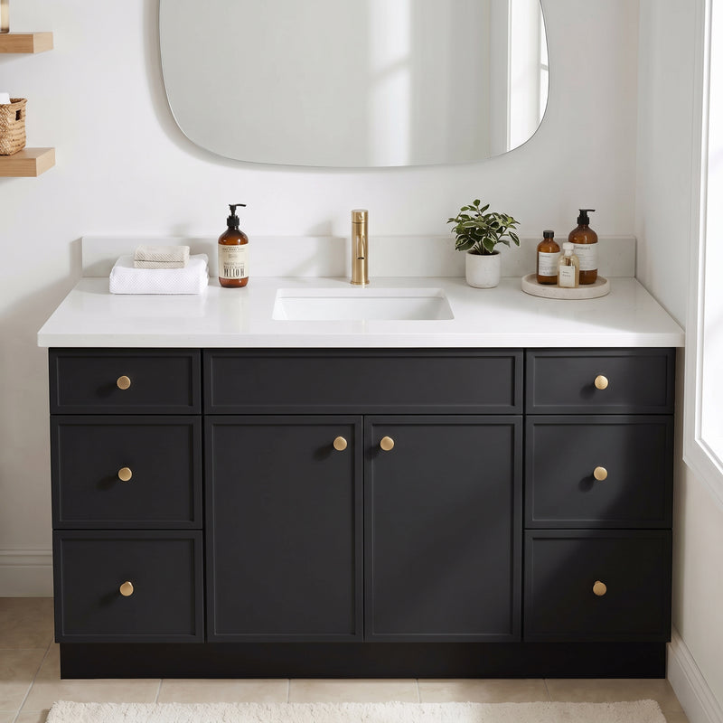 60" Black Slim Shaker Vanity with Pure White Quartz Top