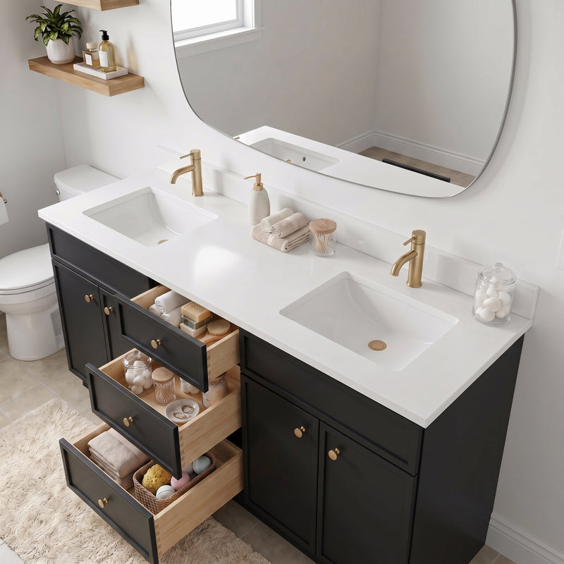 72" Black Slim Shaker Double Vanity with Pure White Quartz Top
