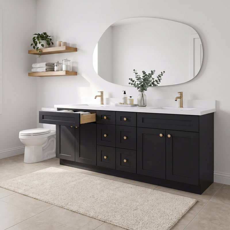 84" Black Slim Shaker Vanity — 6 Drawers with Pure White Quartz Top