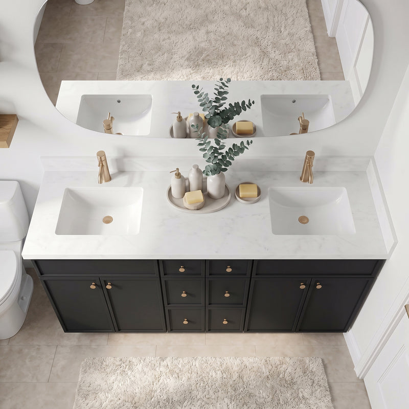 84" Black Slim Shaker Vanity — 6 Drawers with Pure White Quartz Top