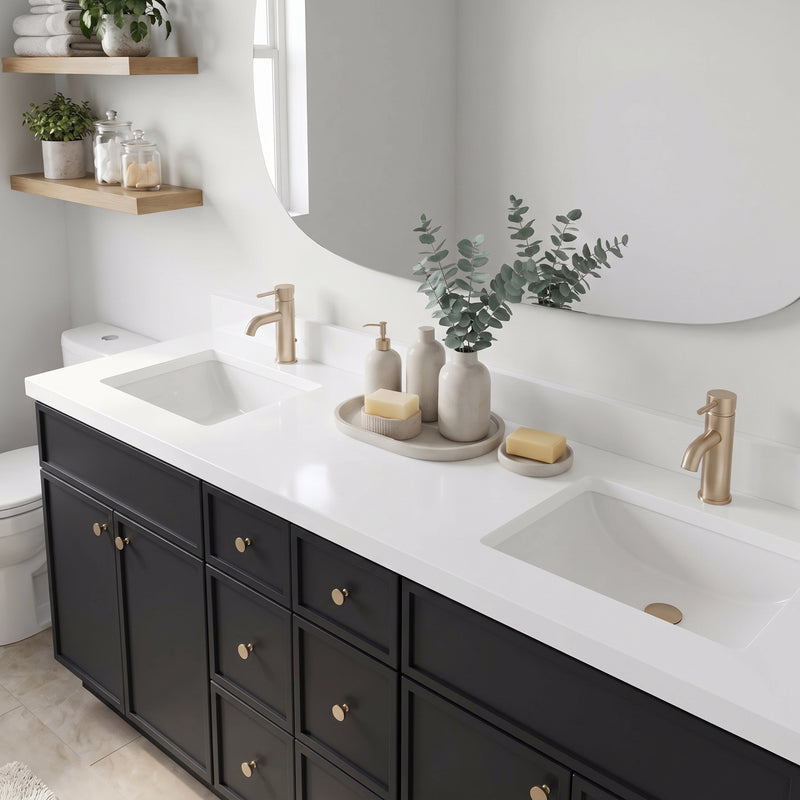 84" Black Slim Shaker Vanity — 6 Drawers with Pure White Quartz Top