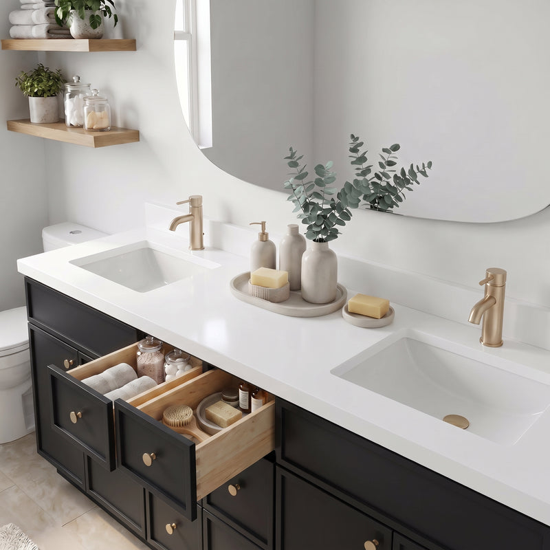 84" Black Slim Shaker Vanity — 6 Drawers with Pure White Quartz Top