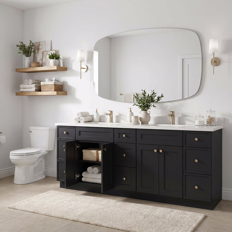 84" Black Slim Shaker Vanity — 9 Drawers with Pure White Quartz Top