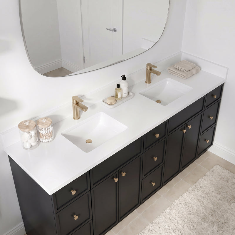 84" Black Slim Shaker Vanity — 9 Drawers with Pure White Quartz Top