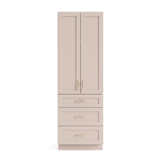 Taupe linen tower cabinet — front view