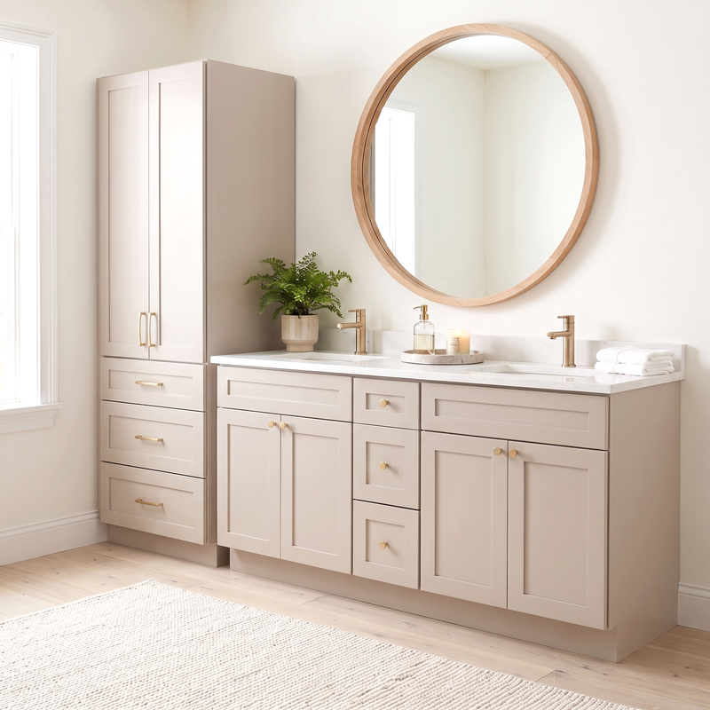 Taupe linen tower beside matching vanity