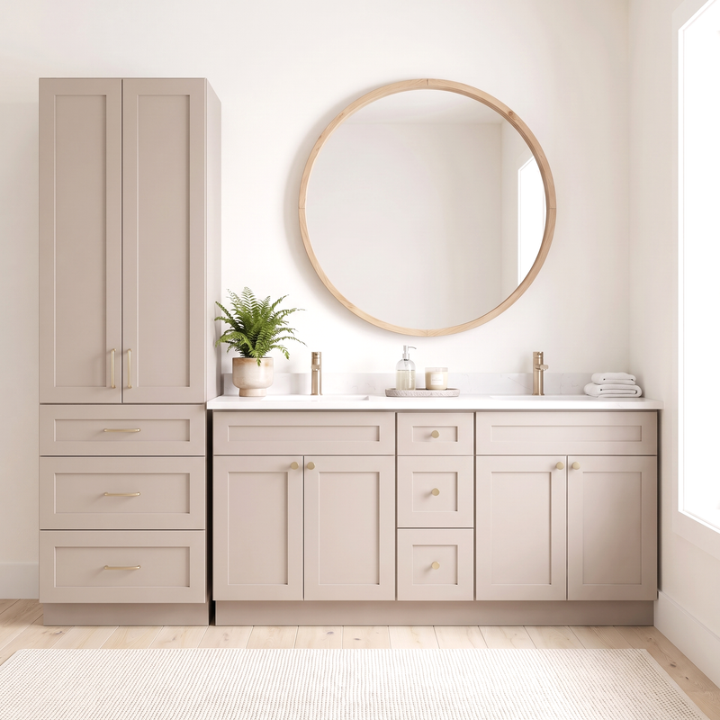 Taupe linen tower and vanity — front view