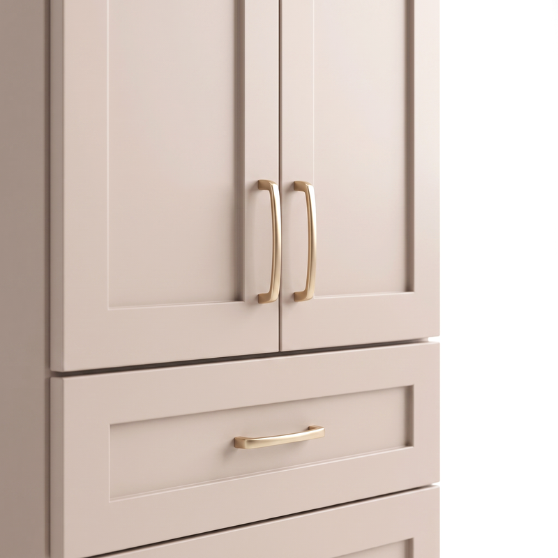 Taupe shaker doors with satin gold pulls — close-up