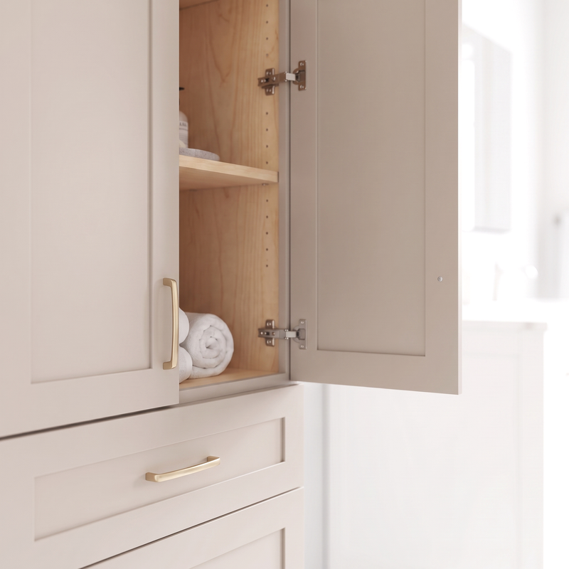 Taupe linen tower — door ajar, birch shelves