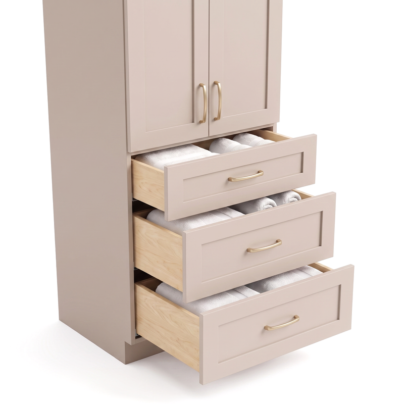 Taupe linen tower — dovetail drawers open