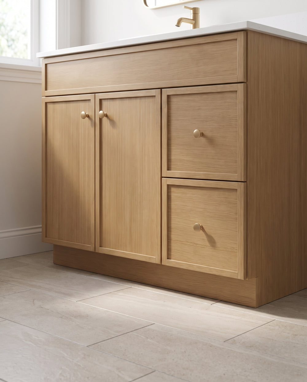 Where it goes — Toe Kick 4.5" × 96" on an Oakline White Oak vanity