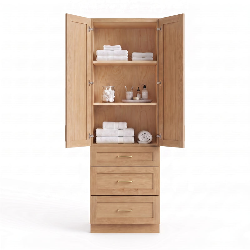 White oak linen tower open doors