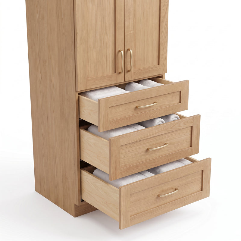 White oak linen tower open drawers